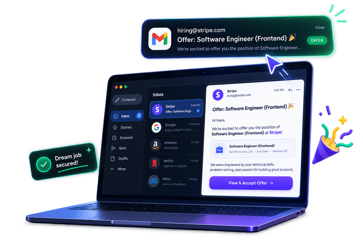 Laptop showing interview and offer emails from top tech companies, with a dream job secured badge