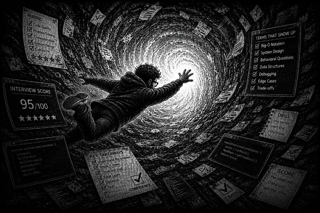 Engraved illustration of a developer floating through interview rubrics, score cards, and drill notes into light