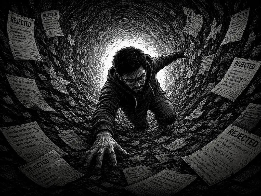 Engraved illustration of a developer crawling through a tunnel of rejected applications toward a bright light