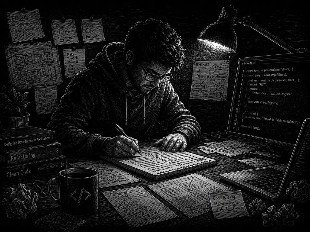 Engraved illustration of a developer studying late at a desk under a lamp, surrounded by code and notes